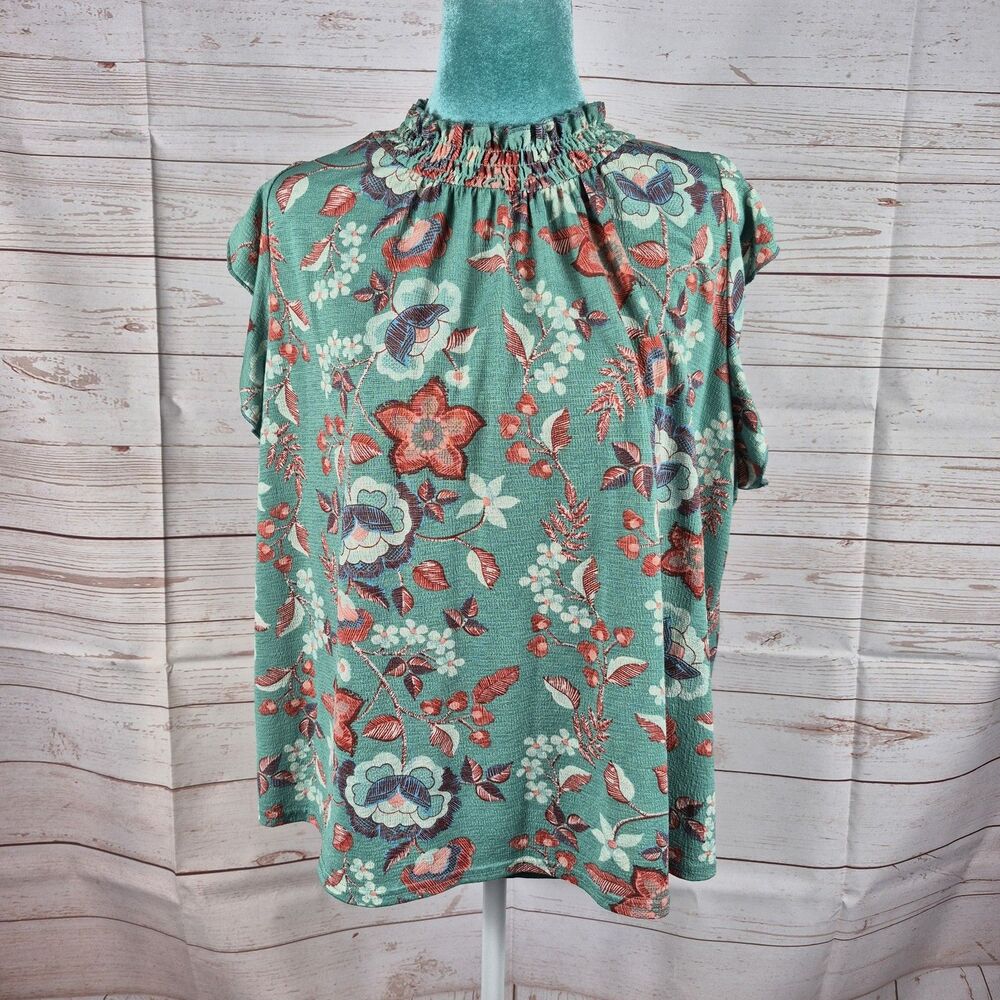 Melloday Teal Orange Floral Womens Size L Flutter Sleeve Blouse Career Office